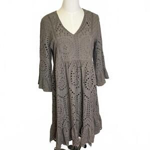 Hidden Alley Women's Size Large Gray Eyelet Cutout 3/4 Sleeve BOHO Dress Midi